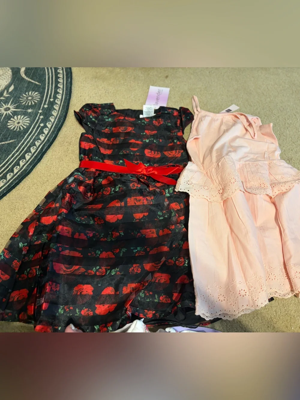 Lot of 2 dresses Red & Black Rose Print, Party Dress Peach Eyelet nwt
